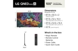 100-Inch LG QNED evo AI 4K TV 100QNED84BU Dimensions and Whats in the Box including Magic Remote, Remote Control Batteries, Power Cable, and Quick Start Guide