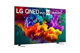 LG QNED evo AI Mini LED TV 100QNED84BU displaying vibrant colorful abstract imagery - Side Angle