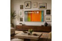 65-Inch LG Gallery AI 4K QNED TV 65LX7BPUA with frame wall mounted in living room surrounded by framed artwork