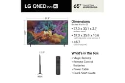 65-Inch LG QNED evo AI TV 65QNED84BUA dimensions and whats in the box including Magic Remote, Remote Control Batteries, Power Cable, and Quick Start Guide