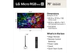 75-Inch LG Micro RGB evo AI 4K QNED TV 75MRGB95BUA dimensions and whats in the box including Magic Remote, Remote Control Batteries, Power Cable, Stand, and Quick Start Guide