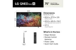 75-Inch LG QNED evo AI 4K TV 75QNED84BUA Dimensions and Whats in the Box with Magic Remote, Remote Control Batteries, Power Cable, and Quick Start Guide