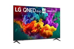 LG QNED evo AI Mini LED TV 75QNED84BUA displaying vibrant colorful abstract imagery - Side Angle
