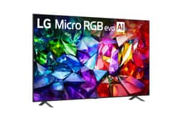 86-Inch LG Micro RGB evo AI 4K QNED TV 86MRGB95BUA displaying vibrant colorful crystal-like imagery - Side Angle