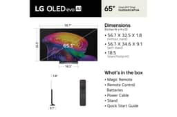 65-Inch LG OLED evo AI TV OLED65C6PUA dimensions and whats in the box including Magic Remote, Remote Control Batteries, Power Cable, Stand, and Quick Start Guide