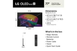 77-Inch LG OLED evo AI 4K OLED TV OLED77C6HUP dimensions and whats in the box including Magic Remote, Remote Control Batteries, Power Cable, Stand, and Quick Start Guide