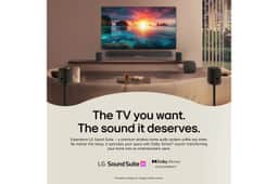 77-Inch LG OLED TV OLED77C6HUP with LG Sound Suite wireless home audio system featuring Soundbar and surround speakers in modern living room. The TV you want. The sound it deserves. Experience LG Soun