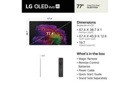 77-Inch LG OLED evo AI 4K TV OLED77G6WUA dimensions and whats in the box including Magic Remote, Remote Control Batteries, Power Cable, Quick Start Guide, Stand Sold Separately