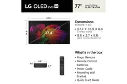 77-Inch LG OLED evo AI TV OLED77W6PUA dimensions showing 67.4 x 38.9 x 0.4 inches without stand and Zero Connect Box dimensions 9.6 x 2.7 x 9.6 inches
