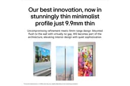 77-Inch LG 4K OLED TV OLED77W6PUA featuring ultra-thin 9.9mm profile that mounts flush to wall with no gap, shown in three views displaying artwork