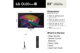 83-Inch LG OLED evo AI TV OLED83C6HUP dimensions and included accessories with Magic Remote, Remote Control Batteries, Power Cable, Stand, and Quick Start Guide