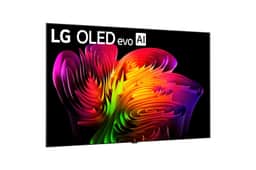 83-Inch LG OLED evo AI 4K TV OLED83W6PUA displaying vibrant colorful abstract design with flowing rainbow patterns - Side Angle