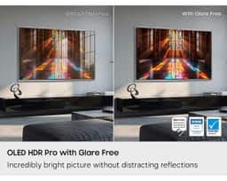 Samsung 77" OLED S95H 4K Smart TV (2026) QN77S95HAFXZA – A with- and without- shot of the Samsung OLED S95H Smart TV's glare-free HDR functionality