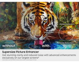 Samsung 85" The Frame LS03HE QLED 4K Art TV (2026) QN85LS03HEFXZA – A before- and after- picture of a tiger, showing how The Frame LS03HE can enhance pictures on its larger screen models to maintain exceptional contrast