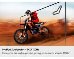 Samsung 55" Mini LED M70H 4K Smart TV (2026) UN55M70HAFXZA – An illustration showing how Motion Xcelerator technology running on the Samsung Mini LED M70H TV delivers fast and responsive gaming performance in a motorcycl