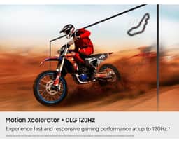 Samsung 85" Mini LED M70H 4K Smart TV (2026) UN85M70HAFXZA – An illustration showing how Motion Xcelerator technology running on the Samsung Mini LED M70H TV delivers fast and responsive gaming performance in a motorcycl