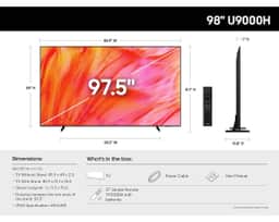 Samsung 98" Crystal UHD U9000H 4K Smart TV (2026) UN98U9000HFXZA – A diagram of the official dimensions and what is included in the box of the 85-inch Samsung 98 inch Class Crystal UHD U9000H 4K Samsung Vision AI Smart T