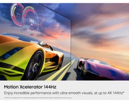 Samsung 98" Crystal UHD U9000H 4K Smart TV (2026) UN98U9000HFXZA – A shot of a racing car game being used to demonstrate the ultra-smooth visuals of Motion Xcelerator 144Hz technology on the Samsung 98 inch Class Crystal