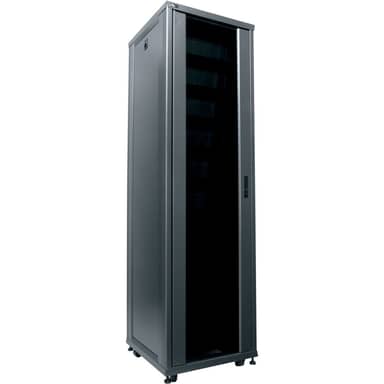42U,24"D RK CONFIG W/SP,FRONT DR,RAP,(9)SHELVES,(9)PNLS