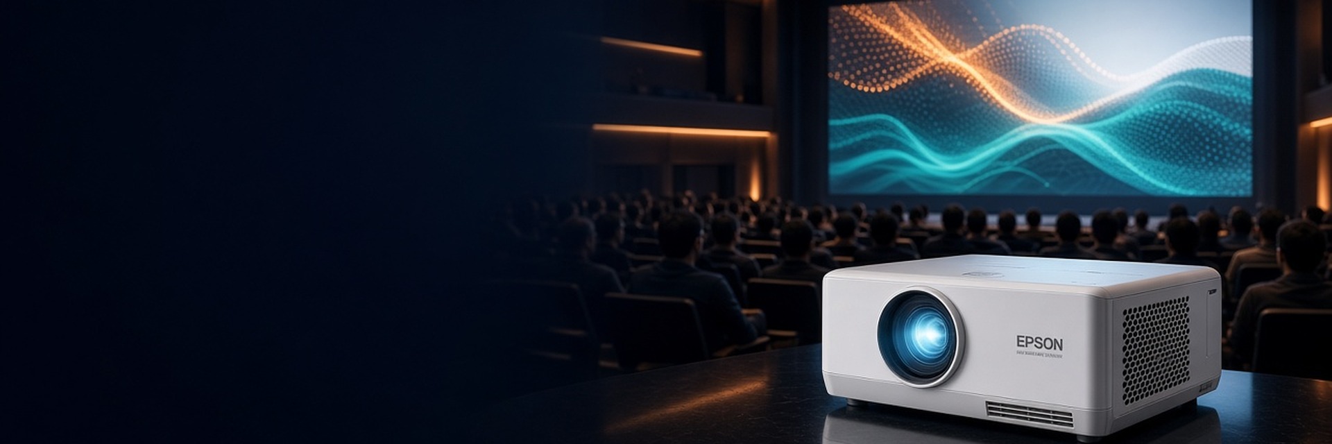 Epson laser projector in front of an audience watching a large screen in an auditorium