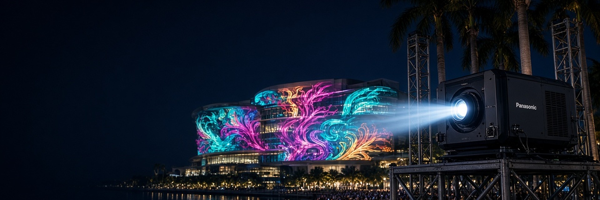 Panasonic laser projector on a truss projecting colorful art onto a waterfront building at night