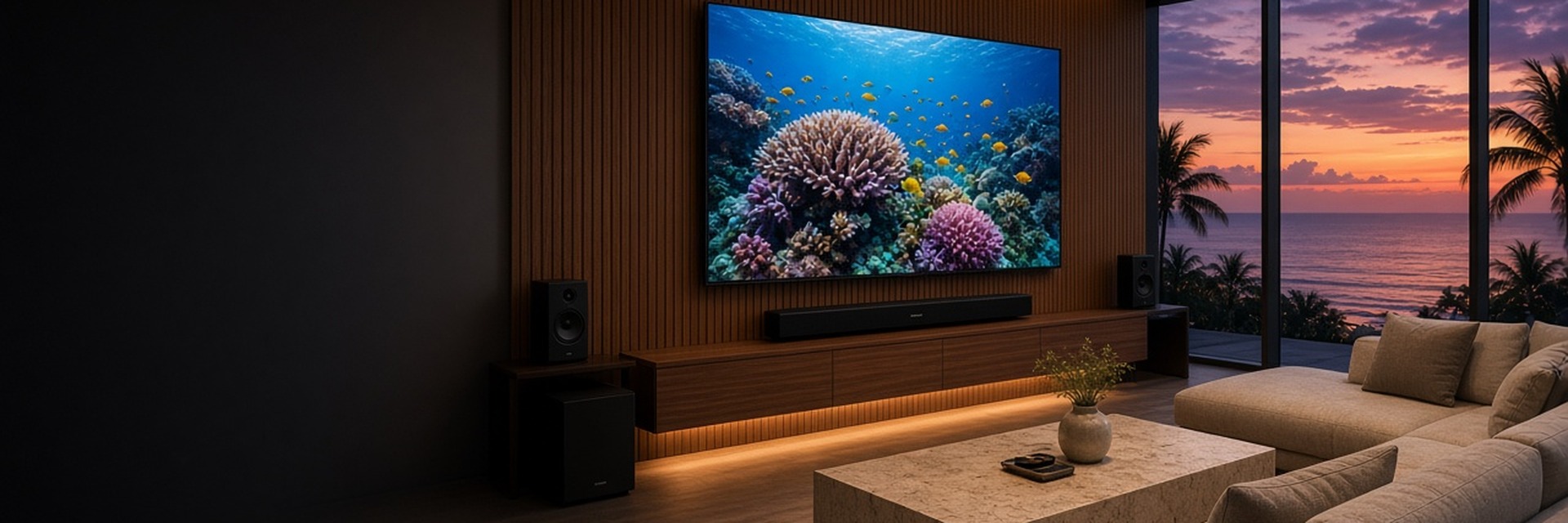 Samsung soundbar beneath a wall-mounted TV in a modern living room at sunset