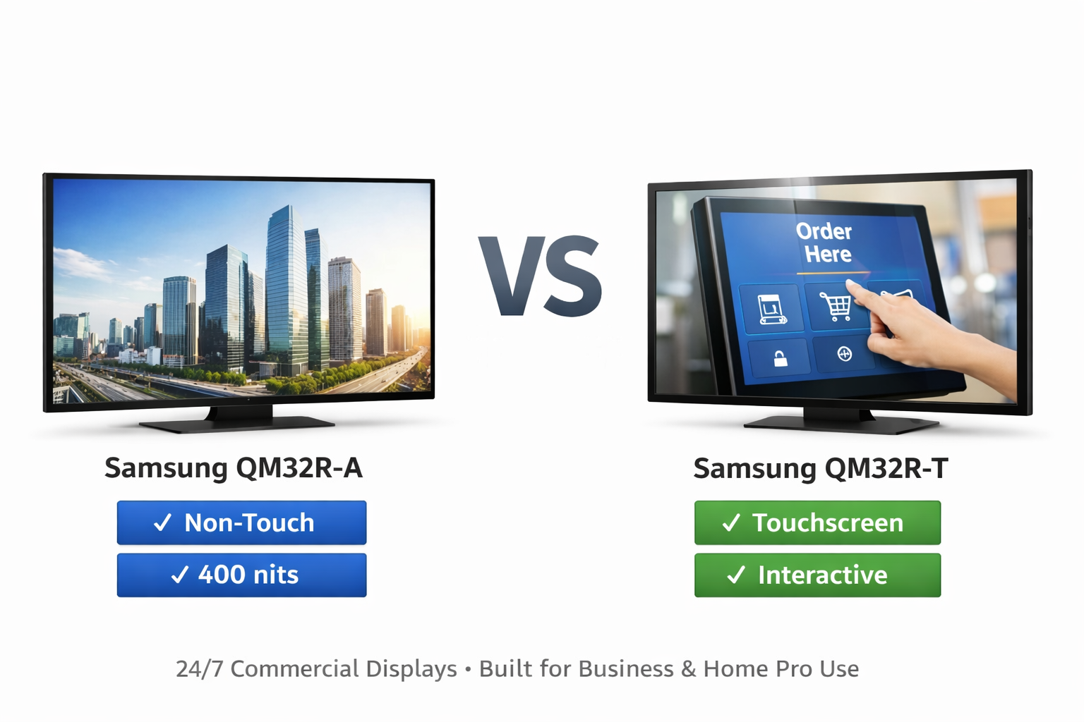 Samsung QM32R-A vs QM32R-T 32-inch commercial display comparison showing non-touch and touchscreen models