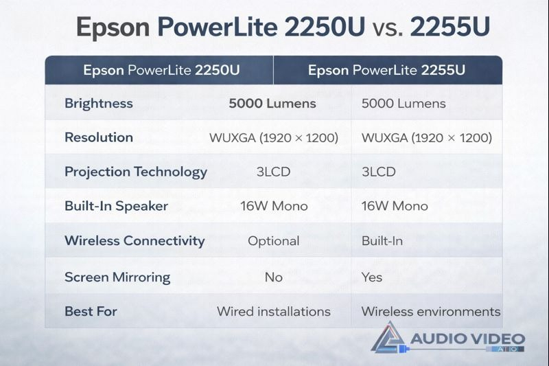 Epson PowerLite 2250U vs 2255U projector comparison chart