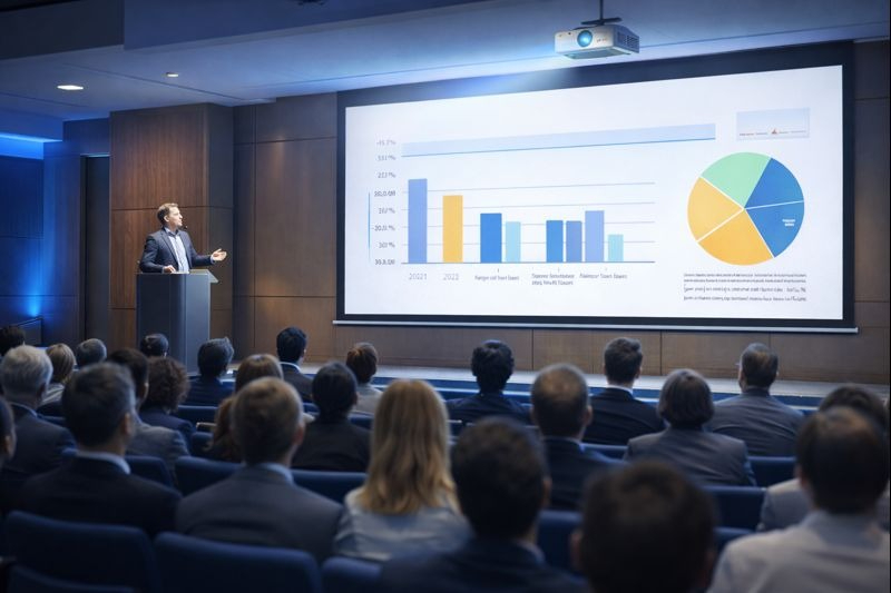 High-brightness Epson PowerLite L690U laser projector used in a large conference room