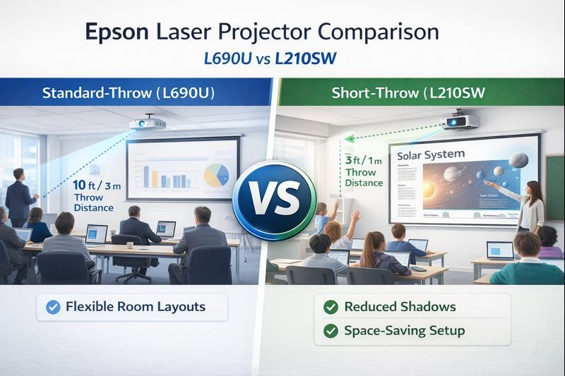 Short throw vs standard throw projector comparison showing Epson L210SW and L690U throw distance