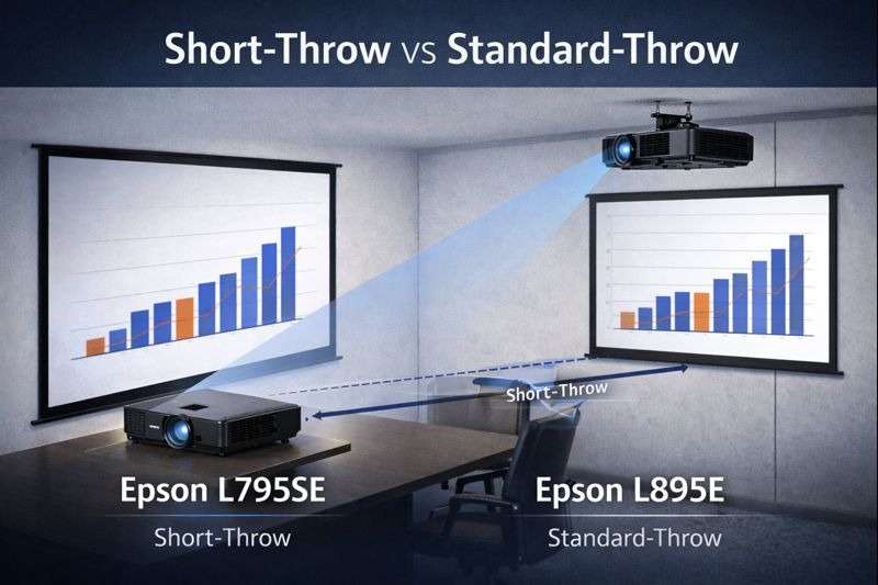 Short-throw vs standard-throw projector distance comparison for commercial installations