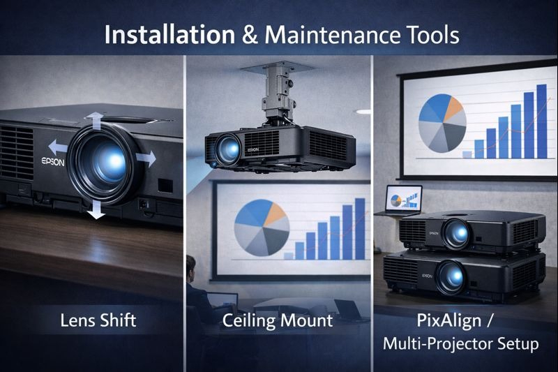 Epson laser projector installation with lens shift and PixAlign calibration